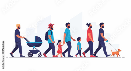 Progression of a man through life stages with family and pets.