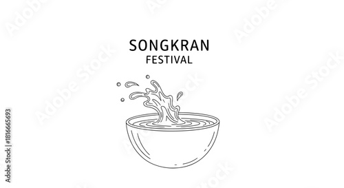 Songkran Festival, Thai New Year celebration vector illustration; traditional water splashing in a bowl, a symbol of purification and washing away bad luck; line art design for posters, banners, and g