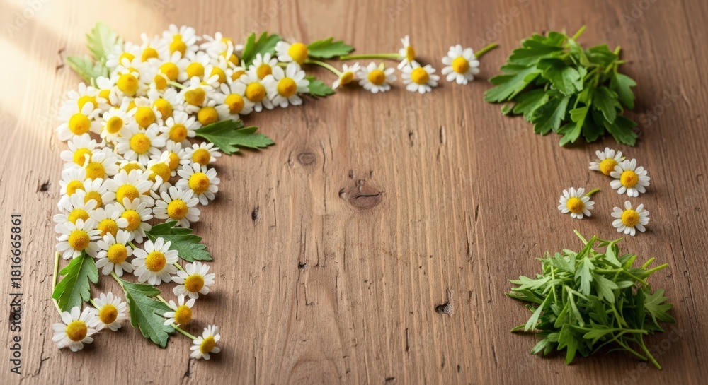 Obraz premium Fresh chamomile flowers and green leaves on wooden table background. Herbal medicine and natural remedy concept. Top view, copy space.