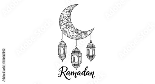 Ramadan Kareem Celebration Vector Illustration; Hand-drawn Doodle Style Crescent Moon with Intricate Mandala Patterns and Hanging Traditional Islamic Lanterns or Fanoos; Suitable for Greeting Cards, B