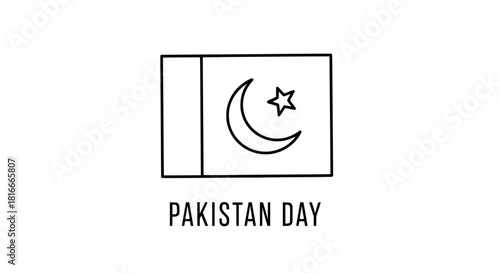 Minimalist outline vector illustration of the Pakistan national flag with a star and crescent symbol, accompanied by "Pakistan Day" text. Perfect for national holidays, patriotic designs, and educatio