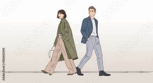 Stylish Couple Strolling in Coordinated Outfits, Fashion Illustration.