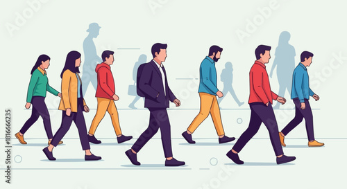 Diverse group of people walking together in a modern urban setting.