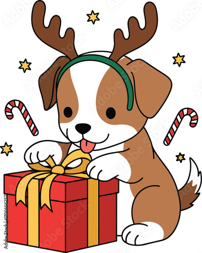 Cute Christmas puppy with reindeer antlers and gift box illustration