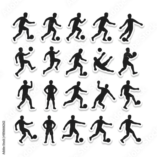 Collection of Black and White Soccer Player Silhouettes in Dynamic Poses, Capturing the Spirit of the Game
