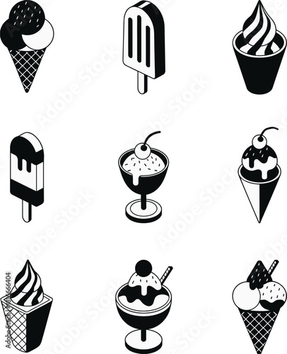 Black and white isometric ice cream icons in a grid cone popsicle
