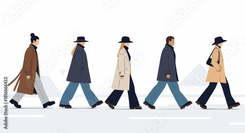 Diverse group of stylish people walking in a line.