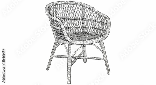 Elegant Woven Rattan Chair with Curved Back and Armrests.