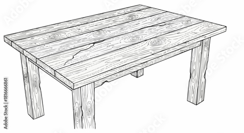 Rustic Wooden Table Hand-Drawn Sketch Illustration.