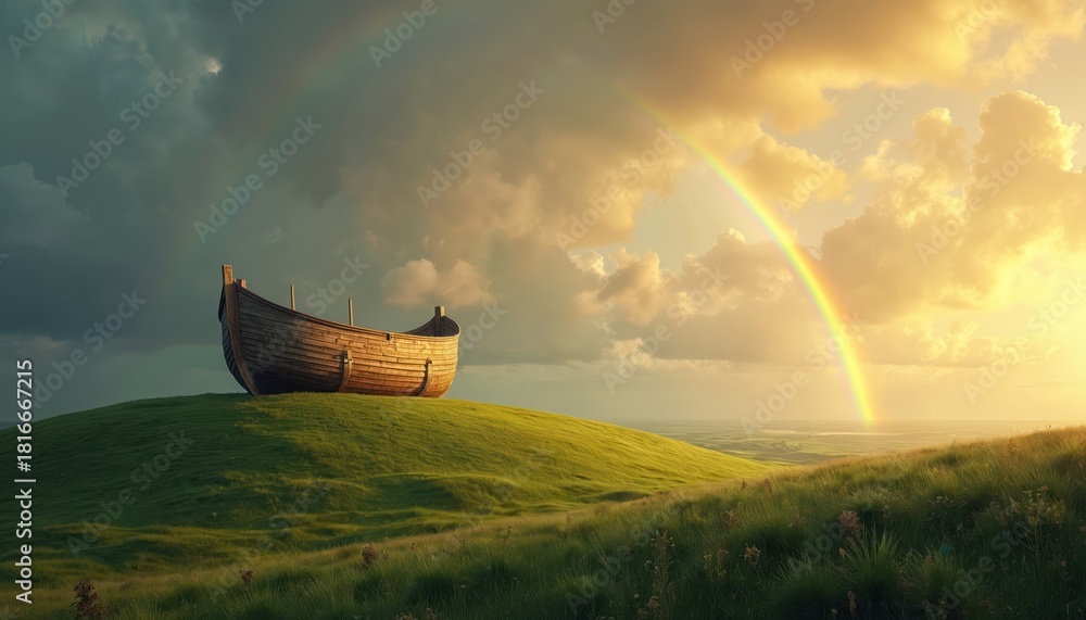 Naklejka premium Wooden boat rests hilltop under rainbow sky. Ark genesis story. Vessel awaits next journey. Religious faith concept with covenant of new beginning. Hope, mercy, grace, peace idea divine