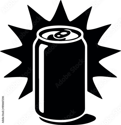 Black and white graphic illustration of a soda beverage can with an energetic starburst, symbolizing refreshment, impact, and a cool, effervescent drink.