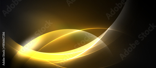 Abstract golden lines curve, creating luminous shapes against dark background. Brightness emphasizes dynamic flow, elegant design.