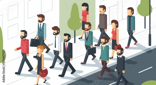 Cartoon illustration of a crowd of professionals commuting to work.