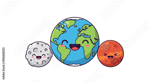 Cute Cartoon Earth, Moon, and Mars Planets with Smiling Faces and Kawaii Style.
