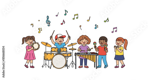 Diverse cartoon children joyfully playing drums, tambourine, xylophone, and singing in a band.