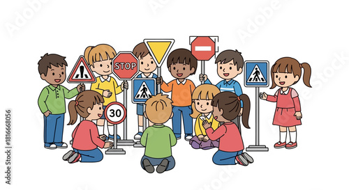 Diverse cartoon children learning road safety with various colorful traffic signs.