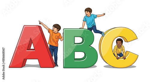 Diverse children playing with large, glossy red A, green B, yellow C letters, learning alphabet.