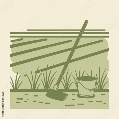A simple illustration of a garden hoe and a bucket in a field with rows of crops, depicting agricultural work.