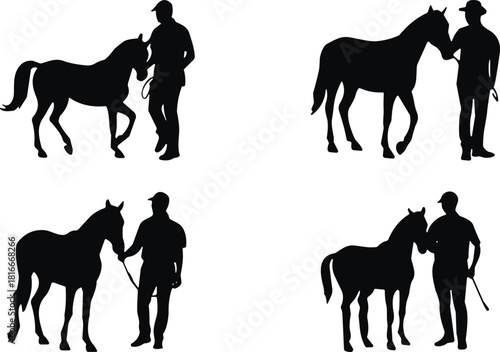 Silhouette horse and handler interaction in stable environment, showing equestrian care and training poses, cad drawing flat vector illustration