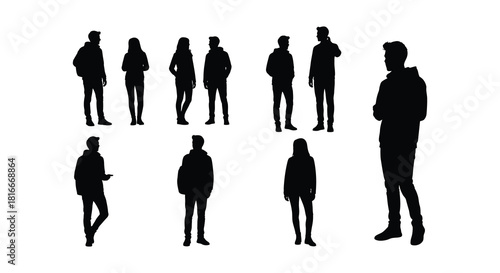 Silhouettes of people a group standing and some individuals isolated