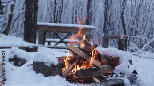Bonfire warmth in a snowy forest during winter bushcraft close up