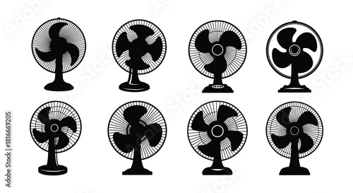 A collection of black and white illustrations depicting various electric fans