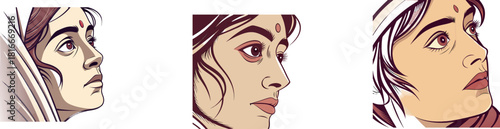 Stylized Portrait of Woman with Veil and Bindi | Elegant South Asian Beauty Illustration