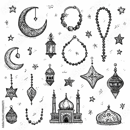 Retro Ramadan Lantern and Crescent Outline Symbol Pack