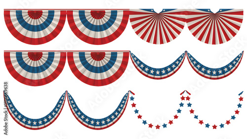 Collection of patriotic american usa flag themed decorative bunting garlands and banners in red white and blue isolated on transparent background