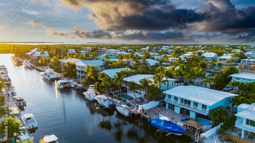 Foto Aerial view of beautiful waterfront canals vacation houses on beautiful sunset