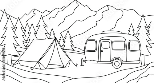 Camping scene with tent and caravan against mountain backdrop line art camper trailer