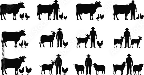 Farm animals and farmer silhouettes set, cow goat sheep chicken vector, agriculture collection, livestock husbandry illustration, rural worker figures, black isolated nature icons.