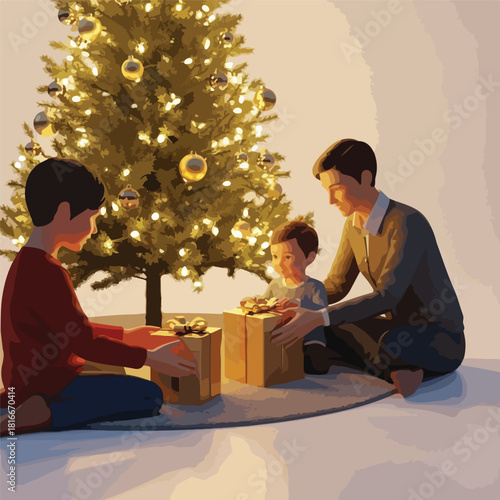 A family of three sits on the floor opening gifts around a brightly lit Christmas tree on Christmas Eve with warm, cozy atmosphere.