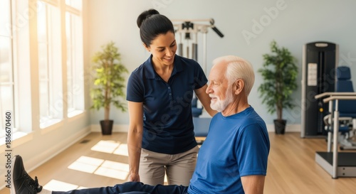 Woman physiotherapist assisting senior man with leg exercise during rehabilitation therapy. Physical recovery and health support concept.