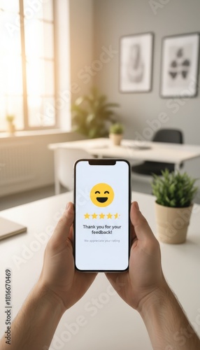 Person holding a mobile phone displaying a five star rating and a thank you for your feedback. Message, representing positive customer satisfaction and online review process