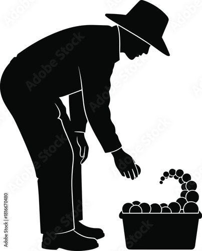 Farmer silhouette bending over container, worker washing manual task, agriculture vector illustration, man with basket, rural lifestyle icon, black isolated figure, harvest concept.