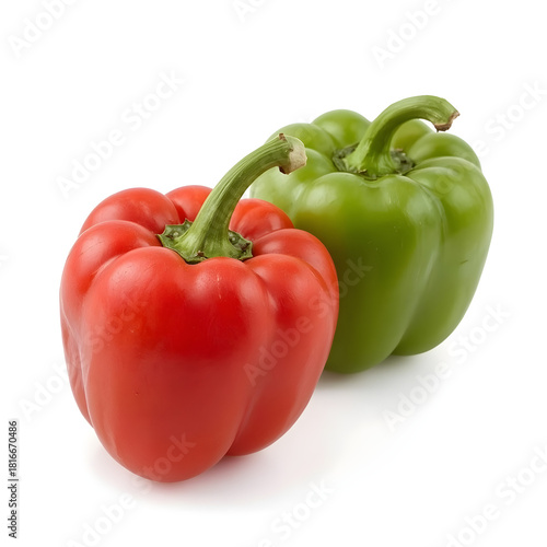 Two ripe red bell peppers and one vibrant green bell pepper arranged on a white marble surface, studio shot