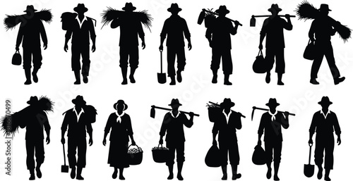 Farmer silhouettes set, agriculture workers carrying crops, rural people vector, harvest collection, man with hoe, asian farming illustration, black isolated figures, walking laborers.