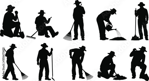Farmer silhouettes set, gardening worker vector, man with tools collection, shovel rake watering can, agriculture people illustration, rural lifestyle figures, black isolated icons.