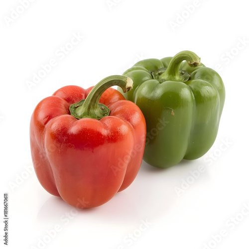 Two Fresh Red and Green Bell Peppers on White Background