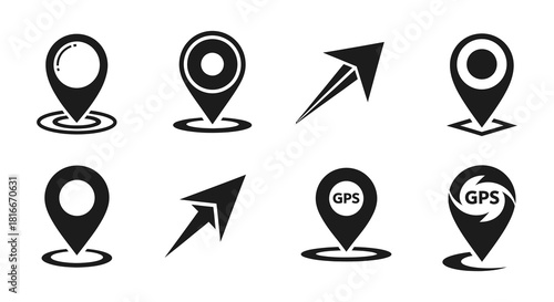 Collection of various black location pin and map marker icons displayed together