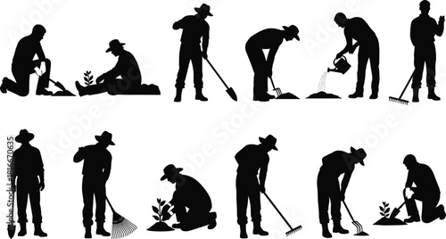Gardener silhouettes set, men planting trees, agriculture worker vector, farming tools collection, digging soil shovel rake, watering can illustration, rural lifestyle, black isolated figures.