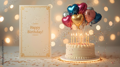 Vanilla Birthday Cake with Lit Candles and Heart-Shaped Balloons against Soft Bokeh Background