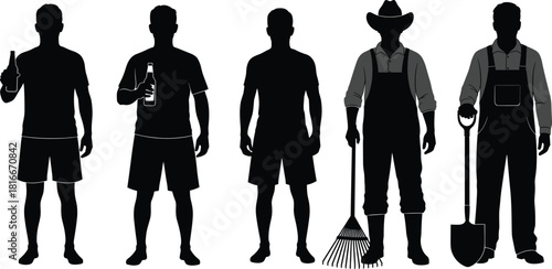 Man standing silhouette collection, casual male drinking beer, farmer worker with shovel rake, gardener vector illustration, isolated black people figures, lifestyle set.
