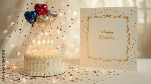 White frosted birthday cake with red and blue confetti and floating balloons on white table with 'Happy Birthday' card