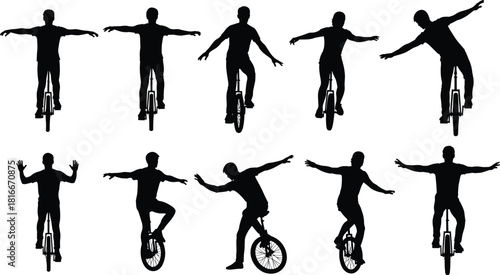 Man riding unicycle silhouettes, circus performer set, balancing act vector, one wheel bike, male rider figures, black isolated illustration, extreme sport collection, fun activity.