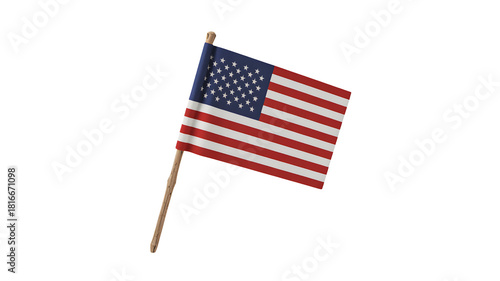 Small united states of america flag waving on a wooden stick isolated on transparent background