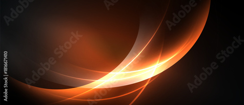 Abstract design features flowing orange lines. Dark background creates dramatic contrast, highlighting luminous curves. Modern, elegant composition.