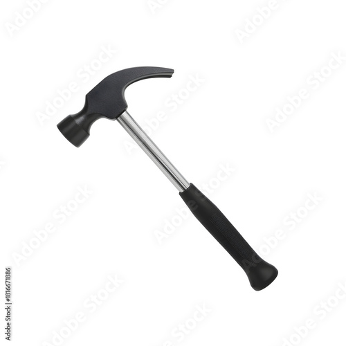 Industrial black metal claw hammer with polished silver steel shaft and ergonomic textured grip handle isolated on white background