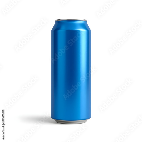 Glossy Blue Soda Can on White Background with Subtle Shadow